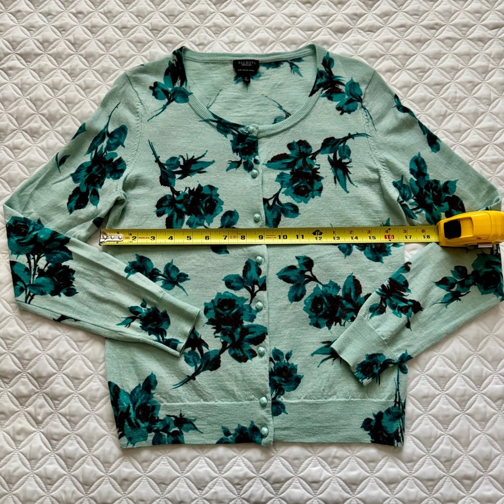Talbots Pure Italian Merino Wool Button Down Cardigan Mint Teal Floral Size S - Picture 5 of 15